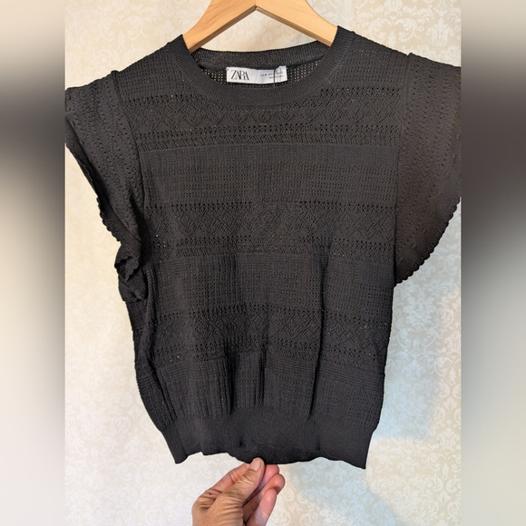 ZARA NWT Crop Top Pointelle w Double Ruffle Sleeve Large - Picture 13 of 16